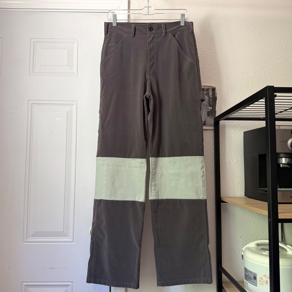 NOOWORKS grey patchwork color block utility work cargo straight leg suede pants